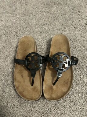 Tory Burch Black Logo Thong Sandals with Tan Footbed